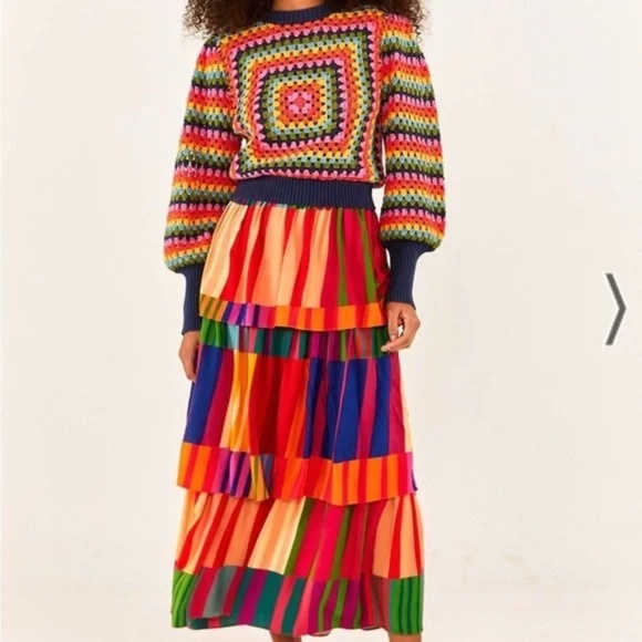 Farm Rio Sunset Stripes Lenzing TeMidi Skirt sz Large Vibrant Boho - Picture 1 of 12